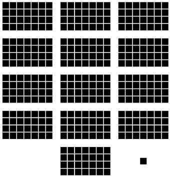 364 quadrados pretos organizados em 13 blocos de 28 quadrados, totalizando 364. E um bloco isolado simbolizando o dia número 365